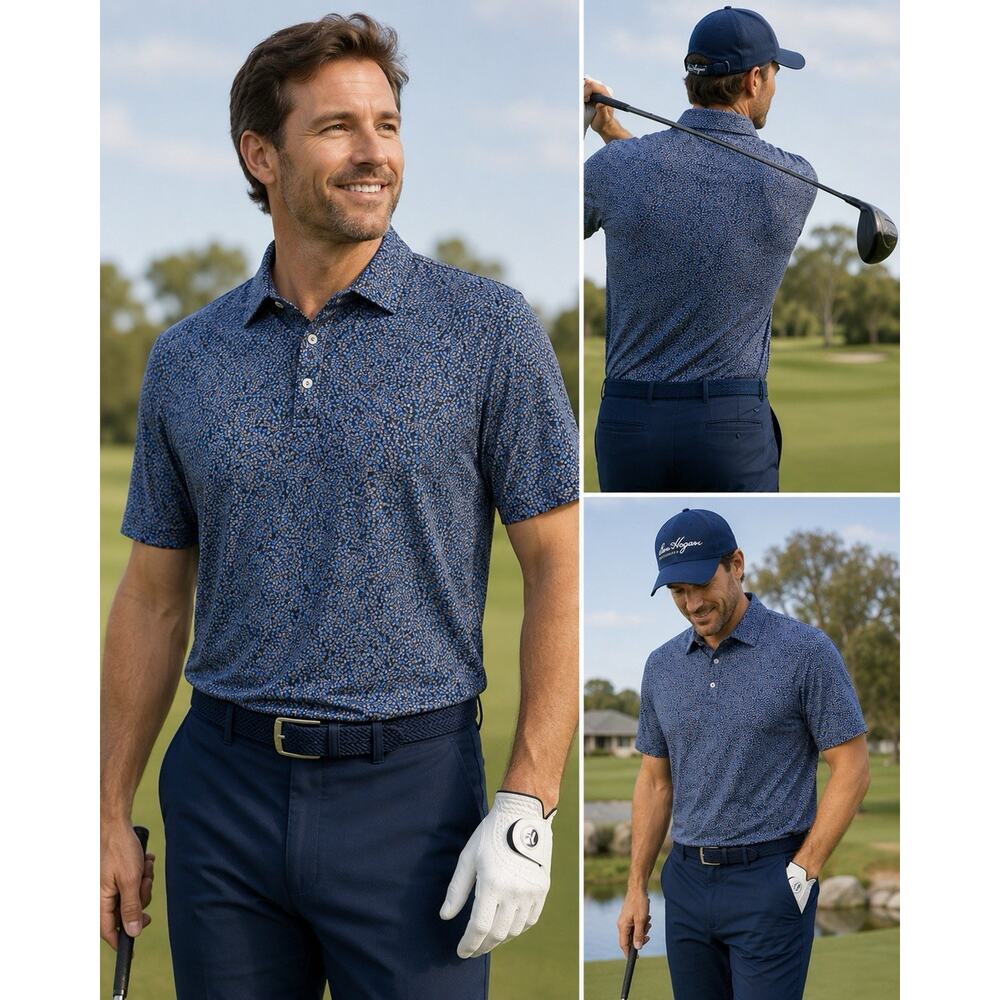 Ben Hogan Performance Polo Shirt M 2XL Blue Gray Micro Caviar Print Stretch Golf